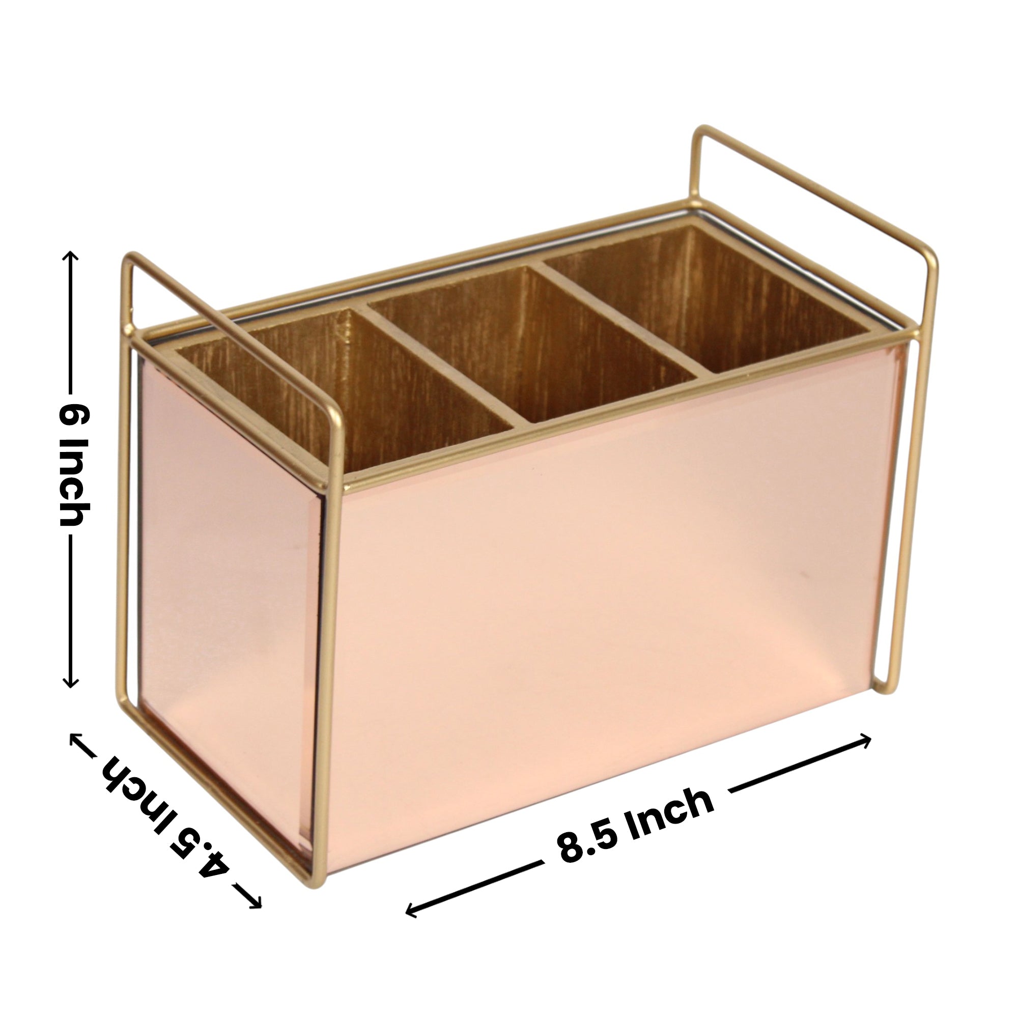 Luxury Rose Gold Glass Cutlery Holder With Three Partition